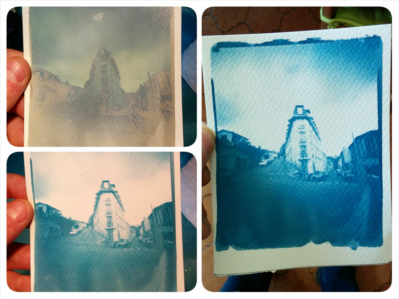 Petit essai de #Cyanotype (apres 10 min de soleil, apres rincage puis apres sechage (ds le sens inverse des aiguilles d'une montre)) #pinhole #pinholeday