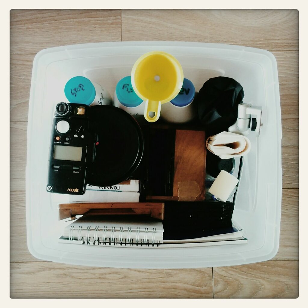 In this box stand everything I need to do #4x5 format  #pinhole, develop them and do #Cyanotype prints. #autonomy